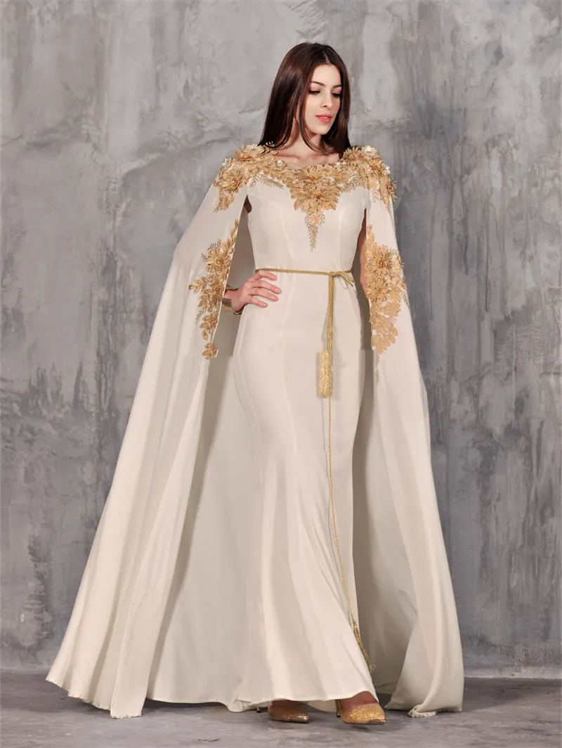 Elegant Arabic Dubai A Line Evening Dresses With Long Wrap Gold Lace Flowers Appliques Crystals Beads Formal Special Occasion Gowns Cape Prom Dress