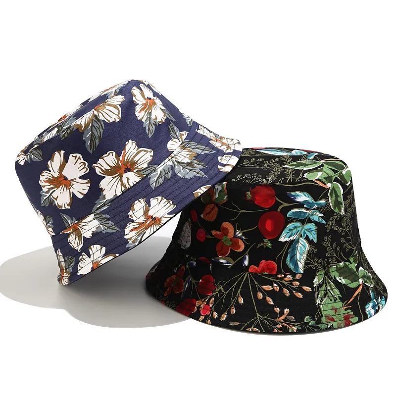 Double-sided wear Printed Tropical plants Cap Reversible Bucket Hat Summer Sun Caps For Women Men