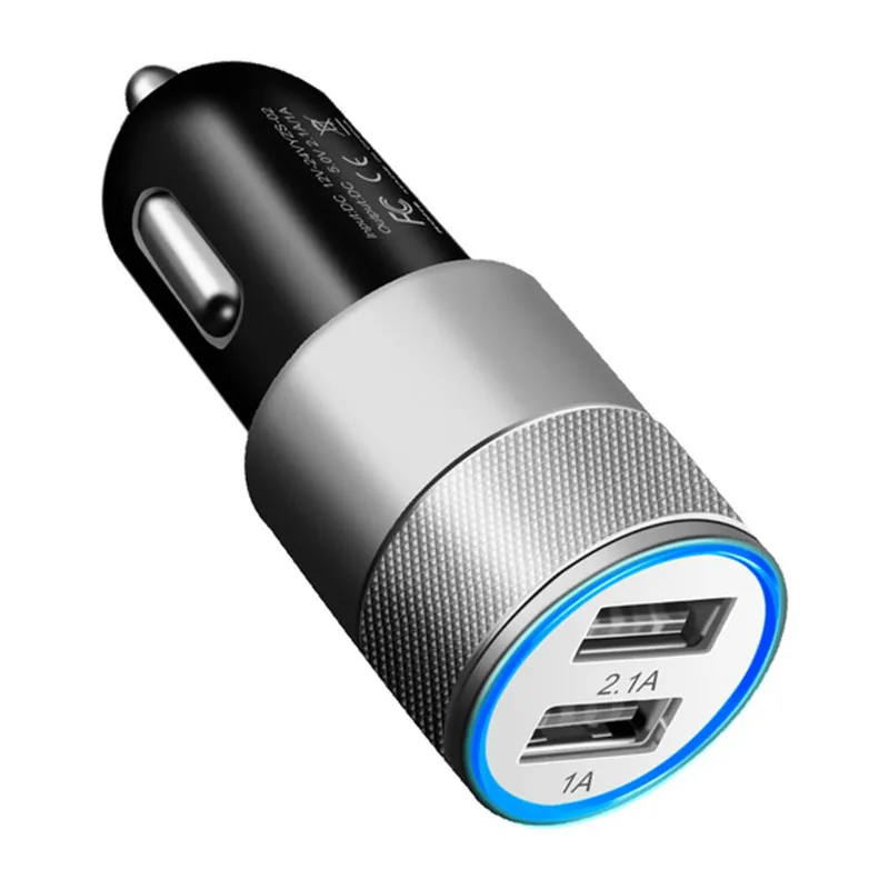 USB Car Charger Dual USB 2 Port Fast Charging Aluminum Alloy Adapter Universal Large Capacity