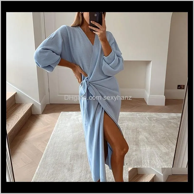 2021 long women knitted wrap dress winter oversize elegant day dress spring sexy v neck knitwear robe ladies clothes