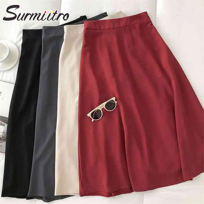 Moda Lato Długie Spódnice Kobiety Elegancki Koreański Styl Czerwony Czarny Ladies Estetyczna Wysoka Talia Midi Spódnica Kobieta 210421