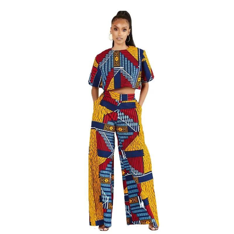 Etniska kläder Två stycken Set Africa Clothes African Dashiki Fashion Flower Print Suit Top Trousers Super Elastic Party for Women 215s