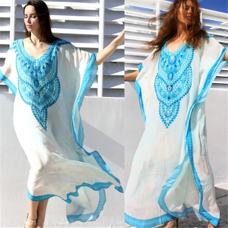 Oversize bawełna plaża Kaftan kobiety noszenie pokrywa UPS Tunika Sarong Pareos de Playa Mujer Bikini Maxi Dress # Q773 210420