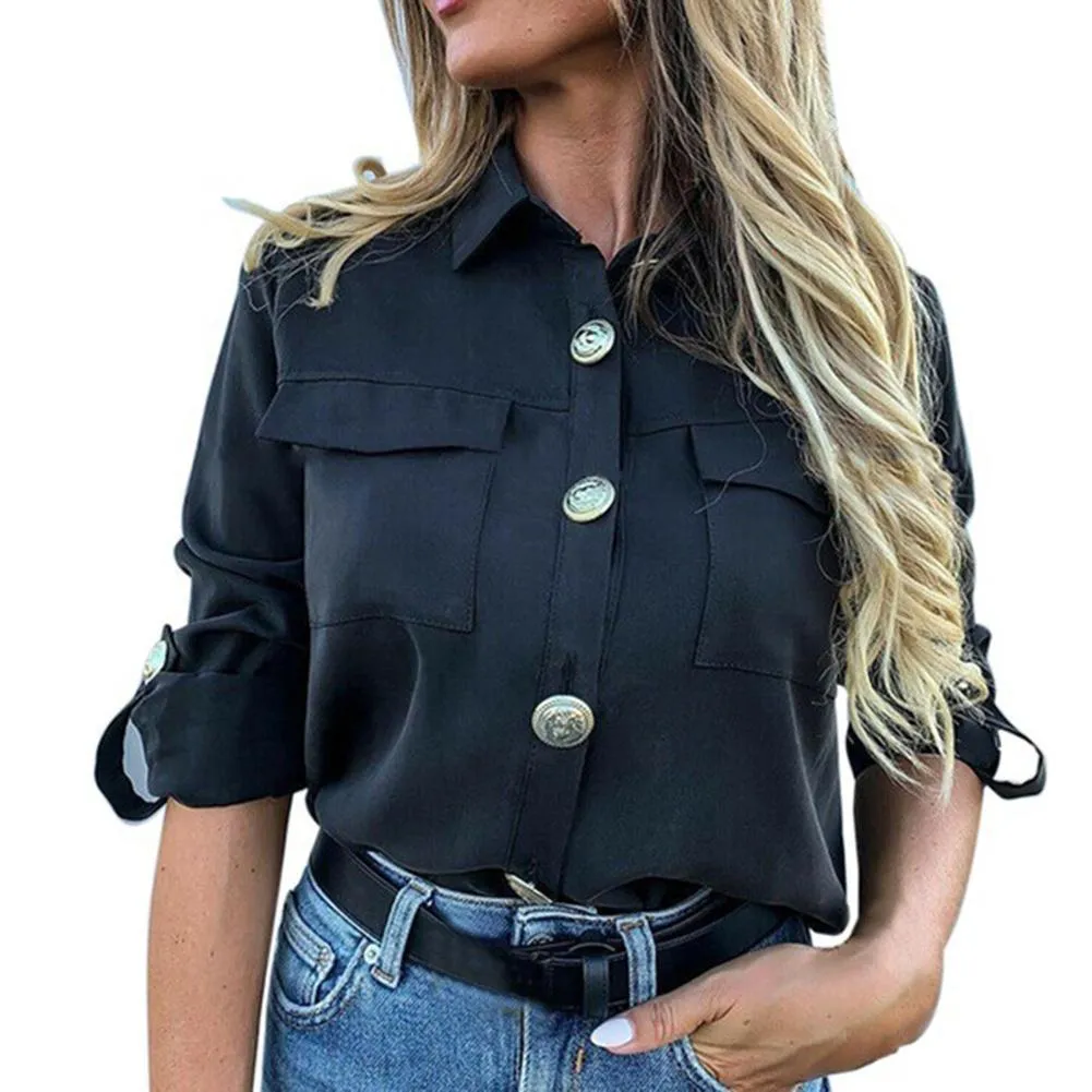 Femmes Blouse décontracté couleur nouveau revers à manches longues chemise ample Double poches bouton chemise mode marée printemps automne 2020 X0521