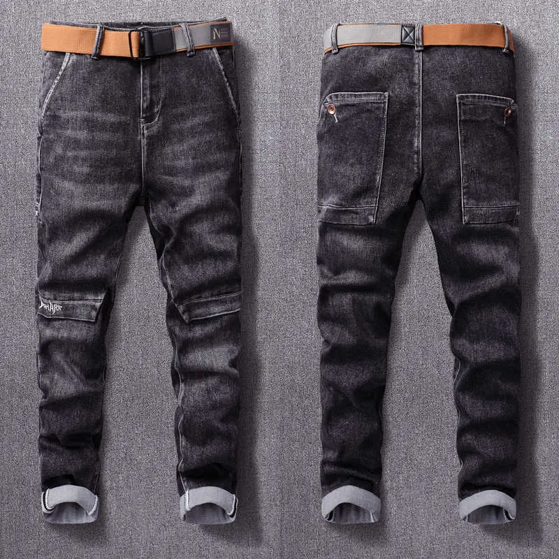 European Street Style Fashion Men Jeans Retro Black Gray Elastic Slim Fit Spliced Designer Hip Hop Denim Pencil Pants S3XG