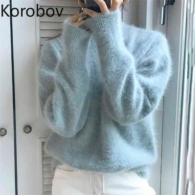 Korobov coréen automne solide mohair basique mode pull OL à manches longues doux à manches longues Sueter Mujer tricot pulls 79084 210430