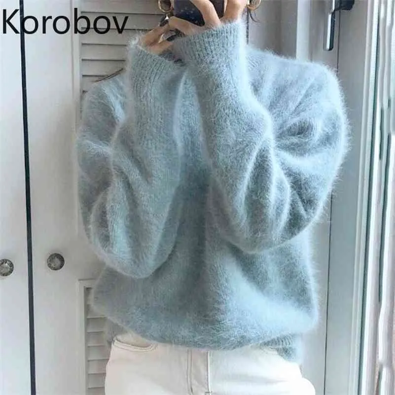 KOBOV Coreano Outono Mohair Sólido Básico Moda Camisola Ol Manga Longa Doce Manga Longa Sueter Mujer Malha Pullovers 79084 210430