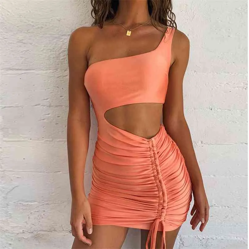 Women Dress Mini Bodycon Summer Club Hollow Out Ruched Backless Orange White Black Party Bandage Sexy Clothing 210522