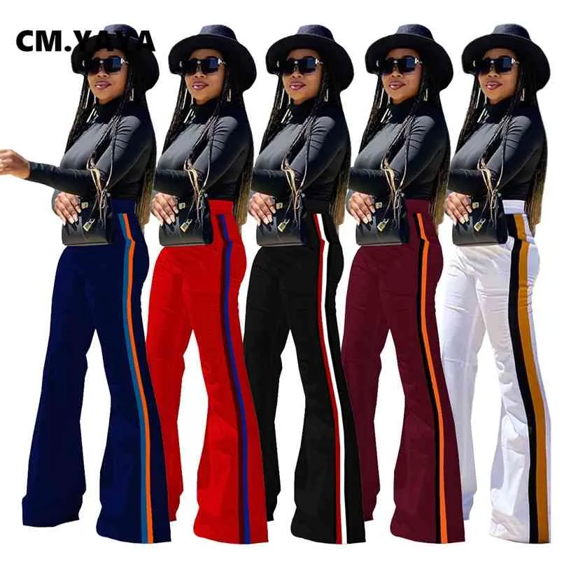 CM.YAYA Vintage Streetwear Women Flare Pants High Waist Bell Bottom Striped Splicing Trousers Draped Jogger Sweatpants 210915