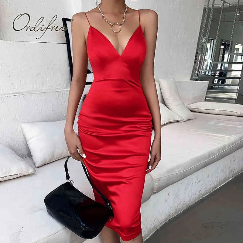 Summer Women Satin Slip Club Wear Matita Cinturino per spaghetti Sexy Bodycon Silk Party Dress 210415