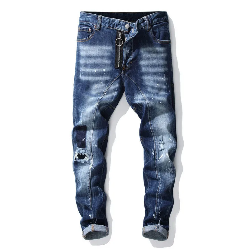 Mężczyźni dżinsowe dżinsy rozrywają rozciąganie czarnych mody szczupłowe umyte motocyklowe spodnie dżinsowe panele hip hopowe spodnie