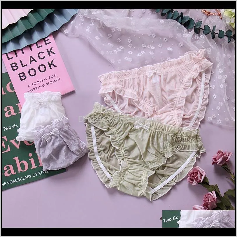 4 colors women`s japanese underwear panties lolita young girl ruffle lace bow retro pure cotton small  briefs underwear