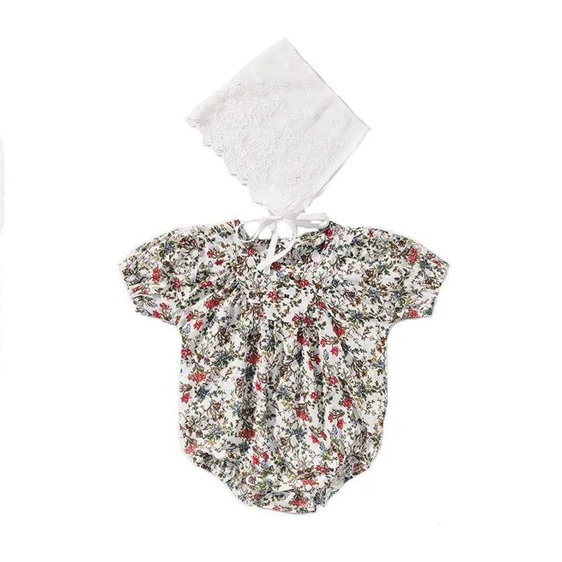 Summer born bodysuit cute jumpsuit floral cotton baby boy clothing girl tights hat two-piece toddler 210417