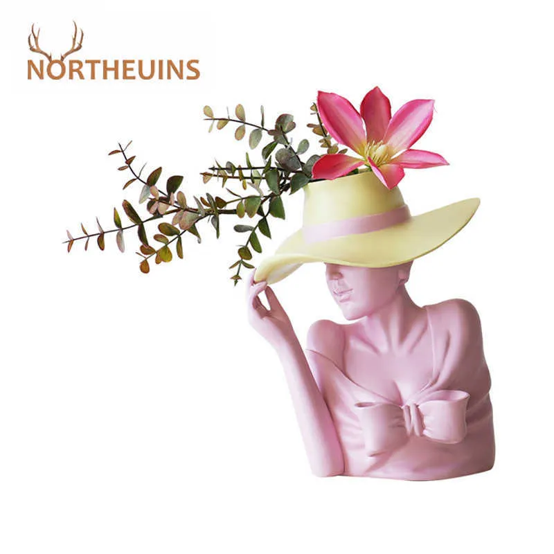 Northeuins Resin Creative Beauty Jarrón Figurines White Nordic Heat Heat Flower Pot Busto Estatua Tabla Decorativa Escultura