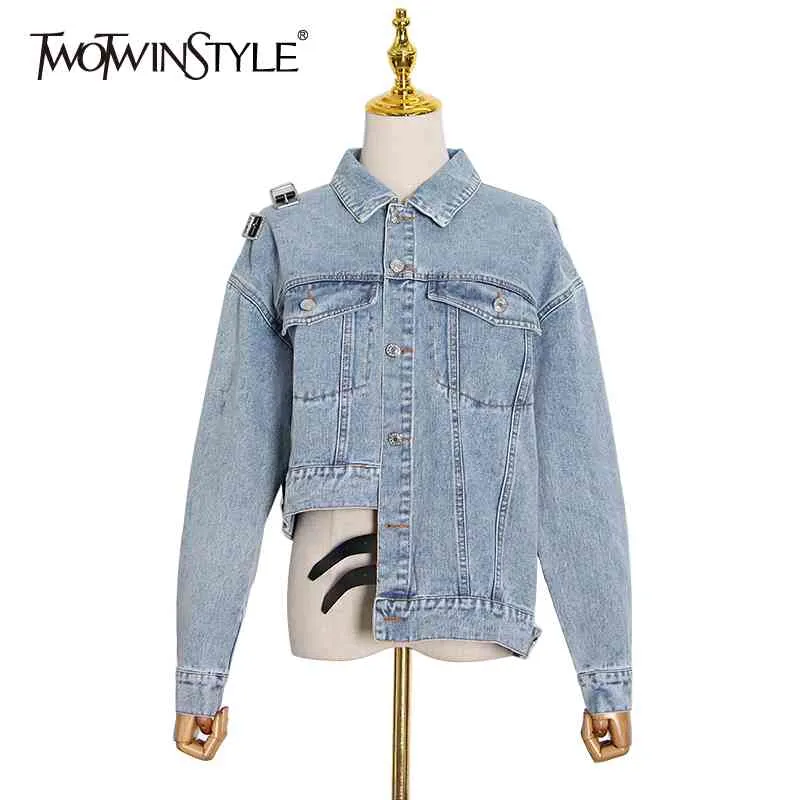 Unregelmäßige Casual Denim Mantel Für Frauen Revers Langarm Asymmetrische Kurze Tops Weibliche Herbst Mode 210524