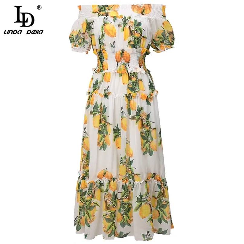 Sommar sexig av axel citron tryck strand knä längd klänning designer kvinnor vintage elegant en linje 210522