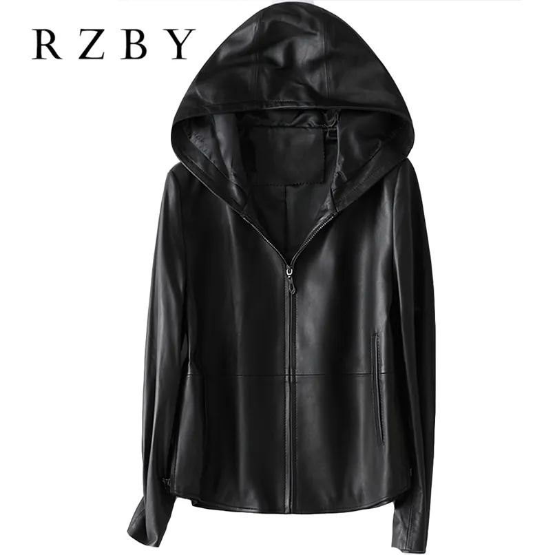 Rzby Women 100% Real Sheepskin Coat Hooded Jacket Spring Fashion Äkta Läder Jackor Chaqueta Mujer Toppkvalitet 211204