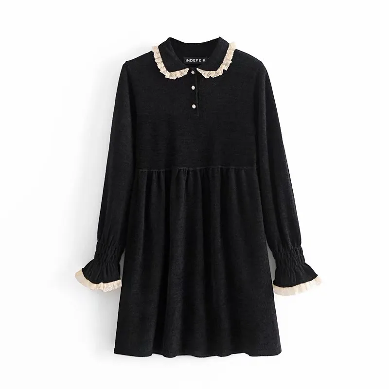 Vintgae Woman Black Slim Lace Patchwork Velvet Dress Autumn Elegant Ladies Soft Long Sleeve es Female Chic 210515