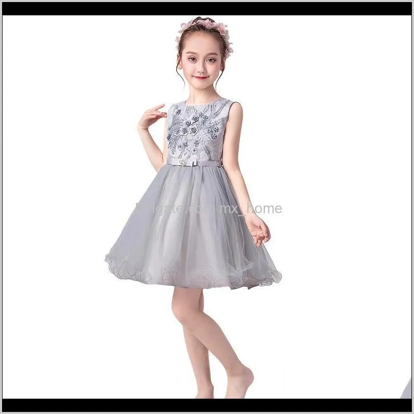 big girls ball gown dress hollow sleeveless wedding dress beaded appliqued bow zipper solid mesh lace elegant girls performance tutu