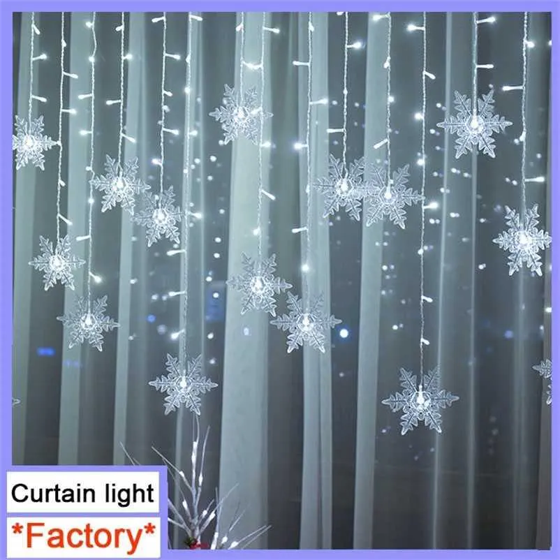 屋内屋外のクリスマススノーフレークLEDの弦の光の点滅フェアリーライトカーテンライトガーランドホリデーパーティーイヤーの装飾211122