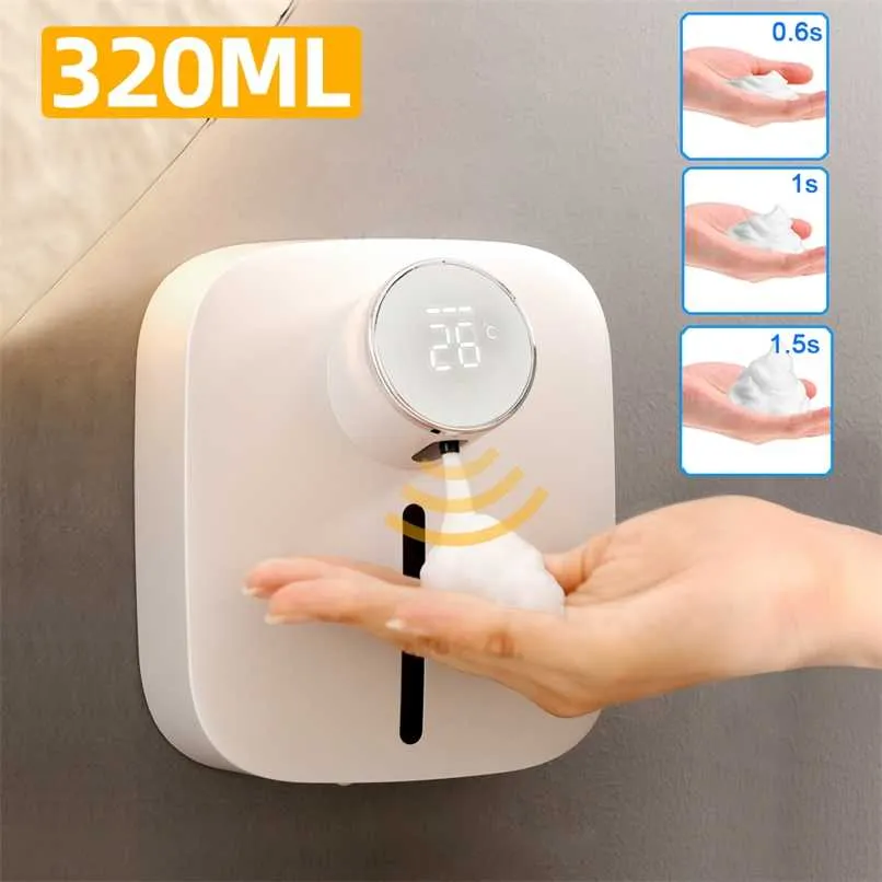 Dispensador de sabão líquido de espuma automático com sensor recarregável digital de temperatura Máquina de desinfetante para banheiro 211206