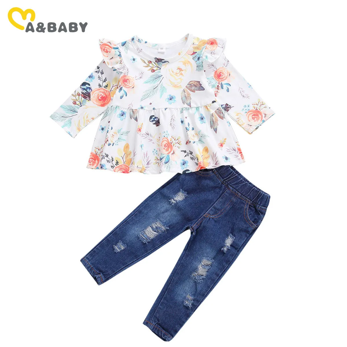 1-5Y Toddler Baby Kid Girls Flower Clothes Set Long Sleeve Ruffles Tunic T shirt Tops Denim Pants Autumn Winter Costumes 210515