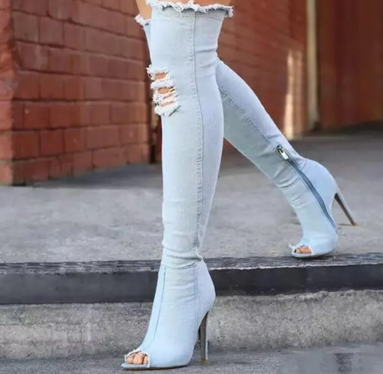 Peep Toe Over The Knee Boots Stylish Comfy Elastic Jeans Fashion High Heel Boots
