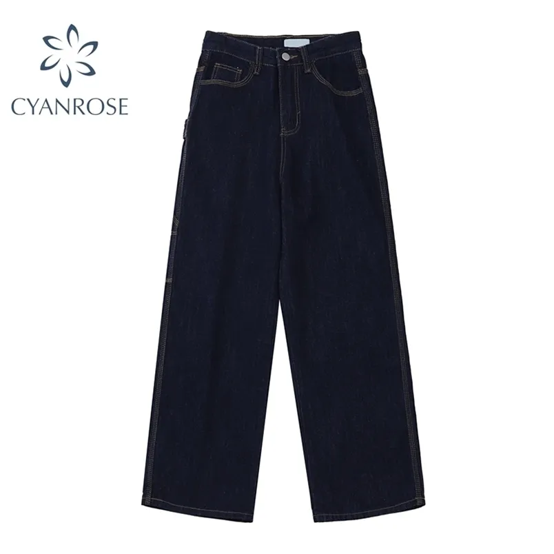 Pantaloni larghi in denim Jeans a gamba larga retrò con design cucito da donna Streetwear Relax Pantaloni BF dritti giapponesi blu scuro 210515