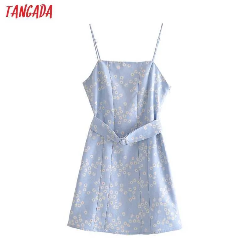 Tangadaファッションの女性の青い花のプリントのドレススラッシュビンテージノースリーブのハイストリートレディースミニドレス3H441 210609
