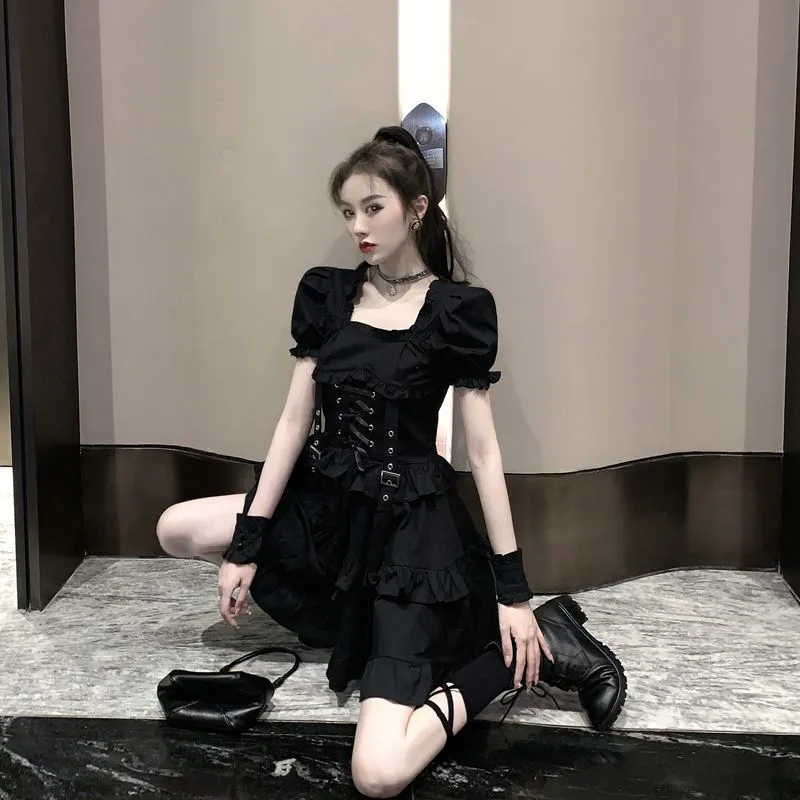 Japanese Vintage Harajuku Elegant Dark Black Dresses 2020 Summer Sweet Sexy Lace Up Slim Square Collar Puff Sleeve Dress Female