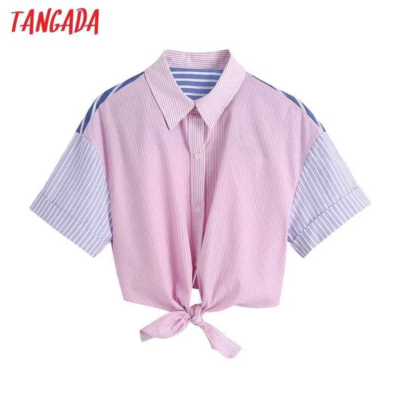 Tangada Sommar Kvinnor Rosa Striped Crop Blusar Vintage Short Sleeve Knotted Hem Female T-shirts Chic Tops Be642 210609