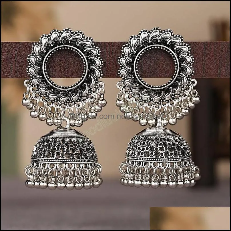 Vintage Silver Color Earrings for Women Ethnic Indian Jewelry Boho Oxidized Big Bell Tassel Dangle Jhumka Earrings