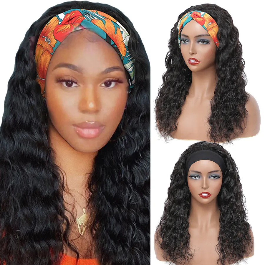 HUNPEL HAAR HOOFDBAND Wig recht lichaam diep water Natuurlijke golf Afro Jerry Kinky Curly voor zwarte vrouwen Braziliaanse maagdelijke Remy Glueless Geen kanten sluiting voorpruiken