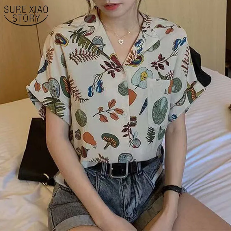 الصيف هونج كونج نمط الرجعية الشيفون بلوزة النساء المطبوعة قميص خمر بأكمام قصيرة واحدة الصدر 14392 210508