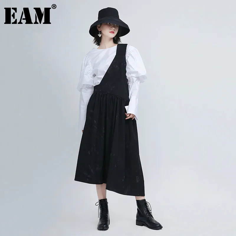 [EAM] Women Black Pleated Irregular Long Dress Asymmetrical Collar Sleeveless Loose Fit Fashion Spring Autumn 1DD0184 21512