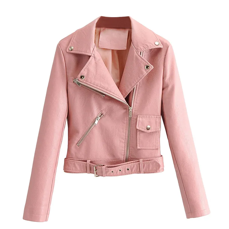 Chic Faux Leather Jacket Women - Belted Moto Biker Coat