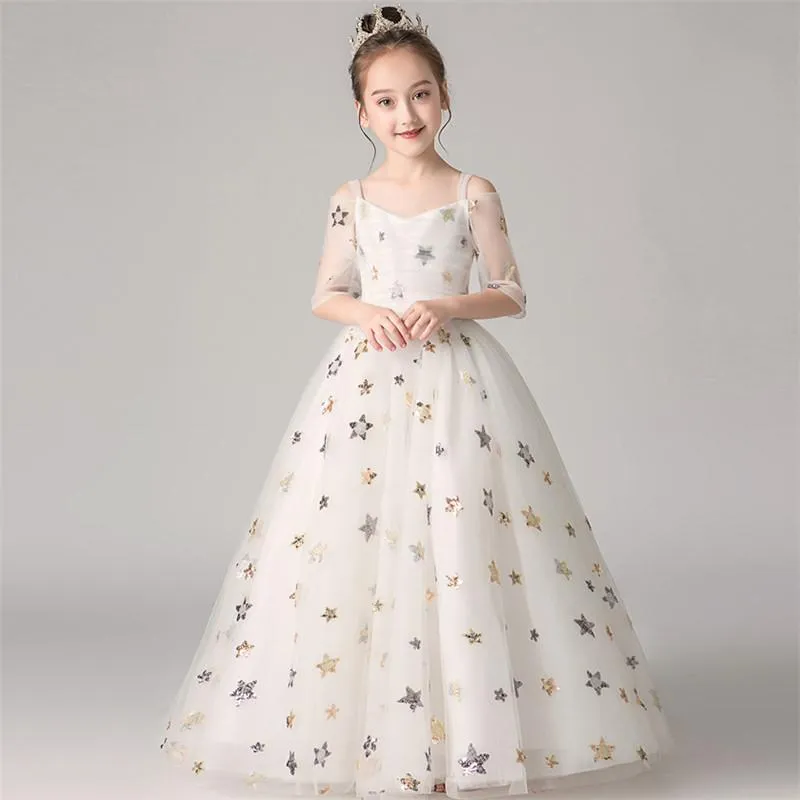 Robes de fille 3 ~ 12 ans enfants adolescents couleur blanche élégante fête d'anniversaire de mariage demi-manches princesse robe moelleuse filles enfants piano