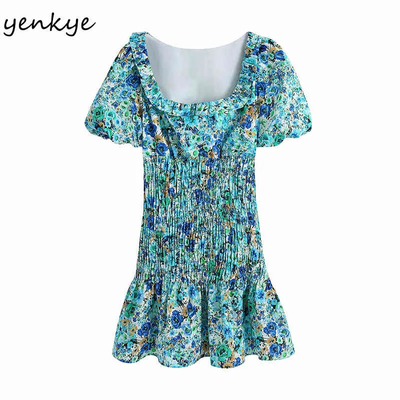 Sommar kvinnor blå blommig tryck klänning kvinnlig sexig kvadratisk nacke puff ärm vestido smocked elastisk midja smal mini 210430