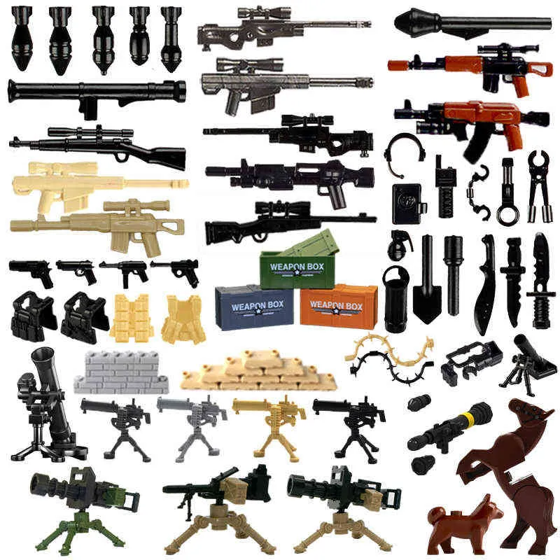 Tegelstenar Militärvapen Pack Guns City Police Swat Team Soldier Tillbehör Bas Box Figurleksaker WW2 Army Moc Byggstenar Delar Y1130