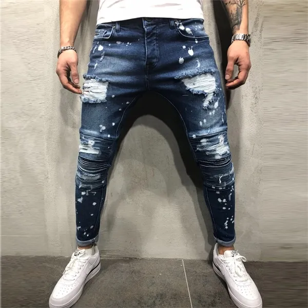 Homens pintados magro magro encaixar reto angustiado angustiado plissado joelho remendo calças jeans esticar jeans x0621