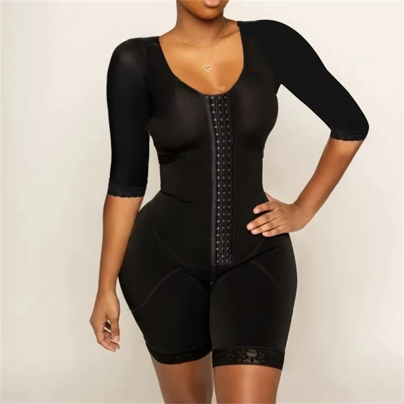 Fermeture éclair de couleur pure Fajas Shapewear poitrine corps Shaper Body modélisation sangle haute compression à manches longues taille formateur 220115