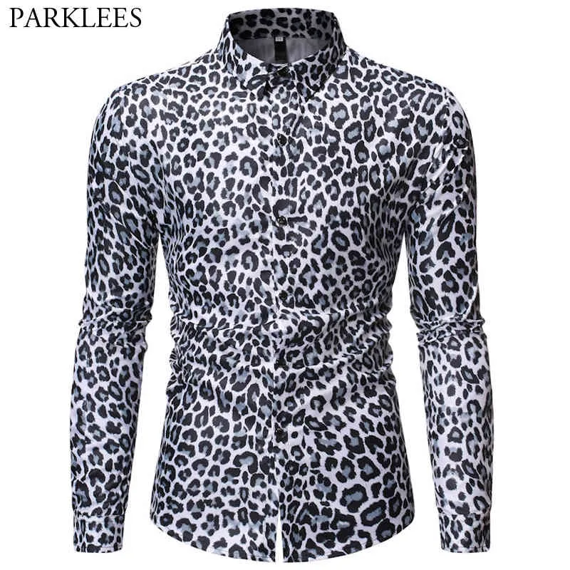 Wild Leopard Gedruckt Hemd Männer Nachtclub Party Tanz Herren Langarm Shirts Slim Fit Casual Social Streetwear Camisa Masculina 210524