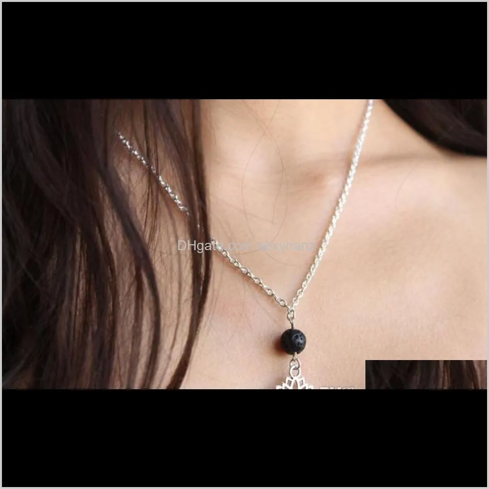 new lava-rock lotus pendant aromatherapy  oil diffuser necklaces natural black lava bead pendant necklace fashion jewelry