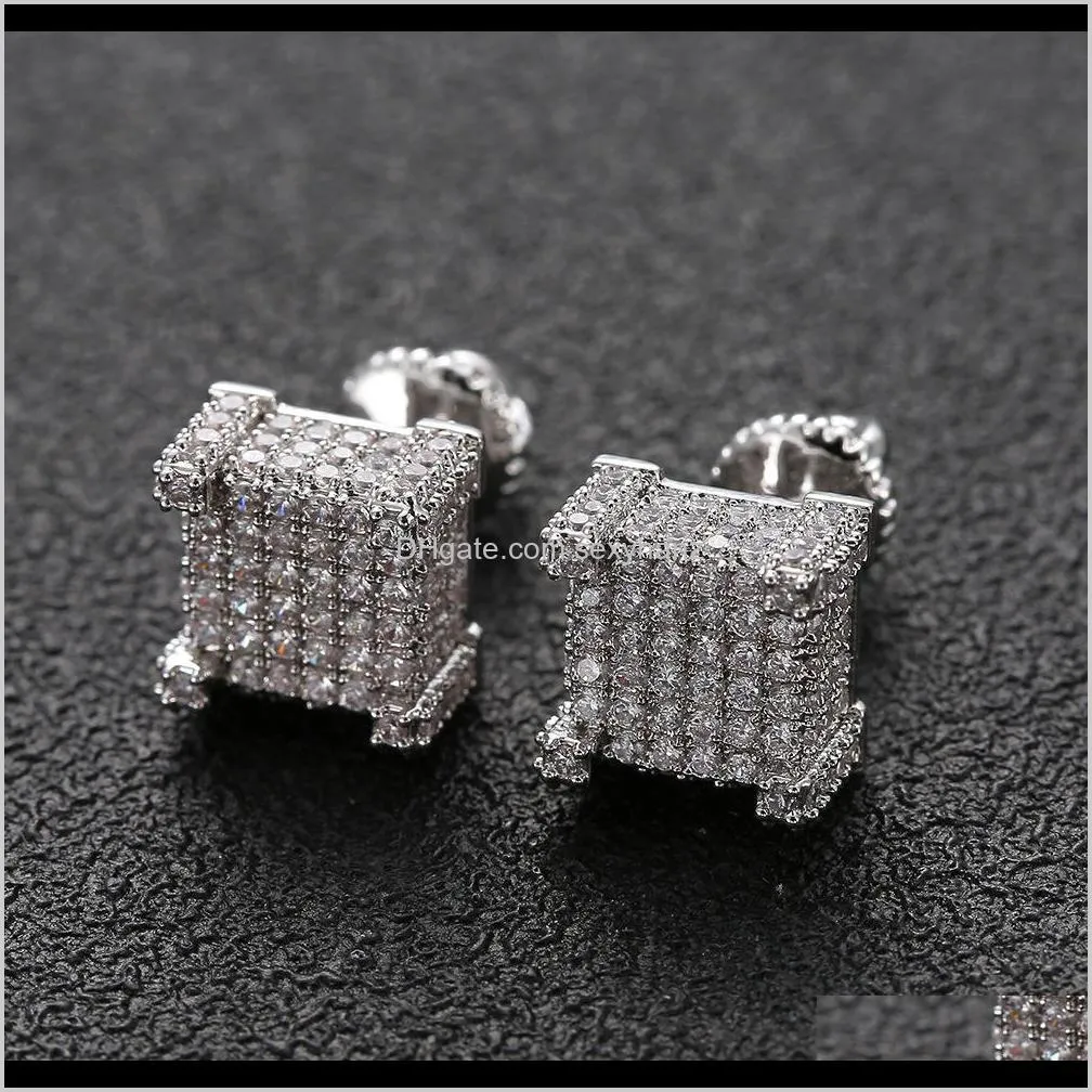hip hop men silver earring shining cubic zircon square stud earrings screw back women trendy jewelry 9mmx9mm