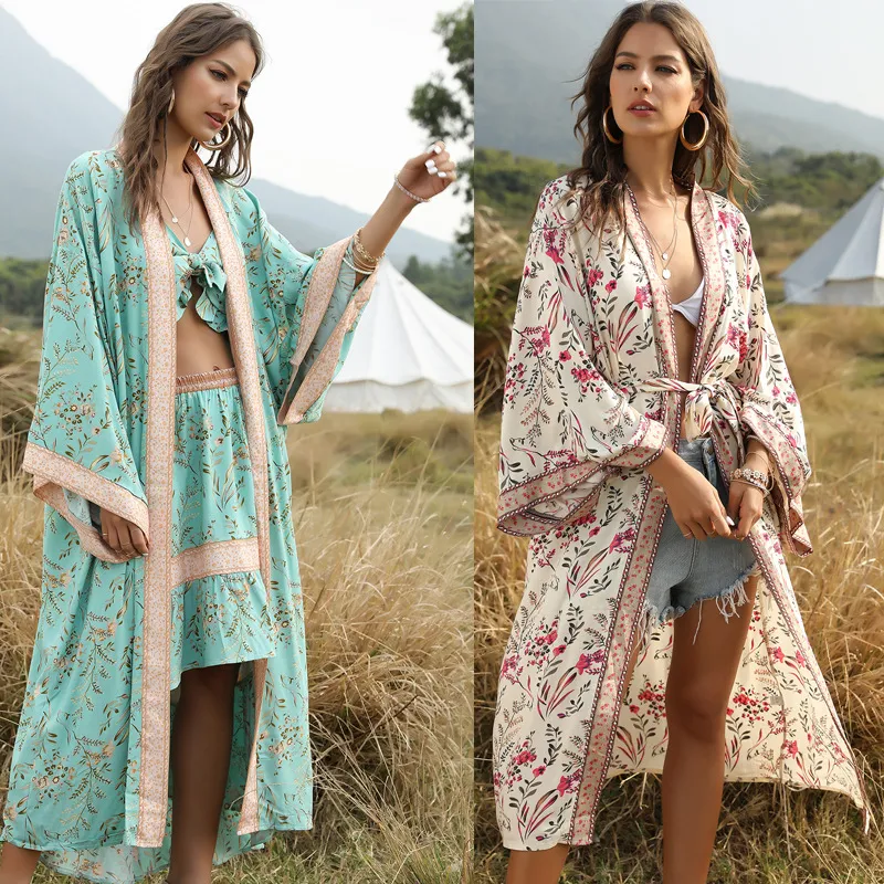 Summer Women Beach Wear Bohemian Swim Suit Bikini Cover Up Plus Size Print Long Beach Kimono Sarong Robe De Plage