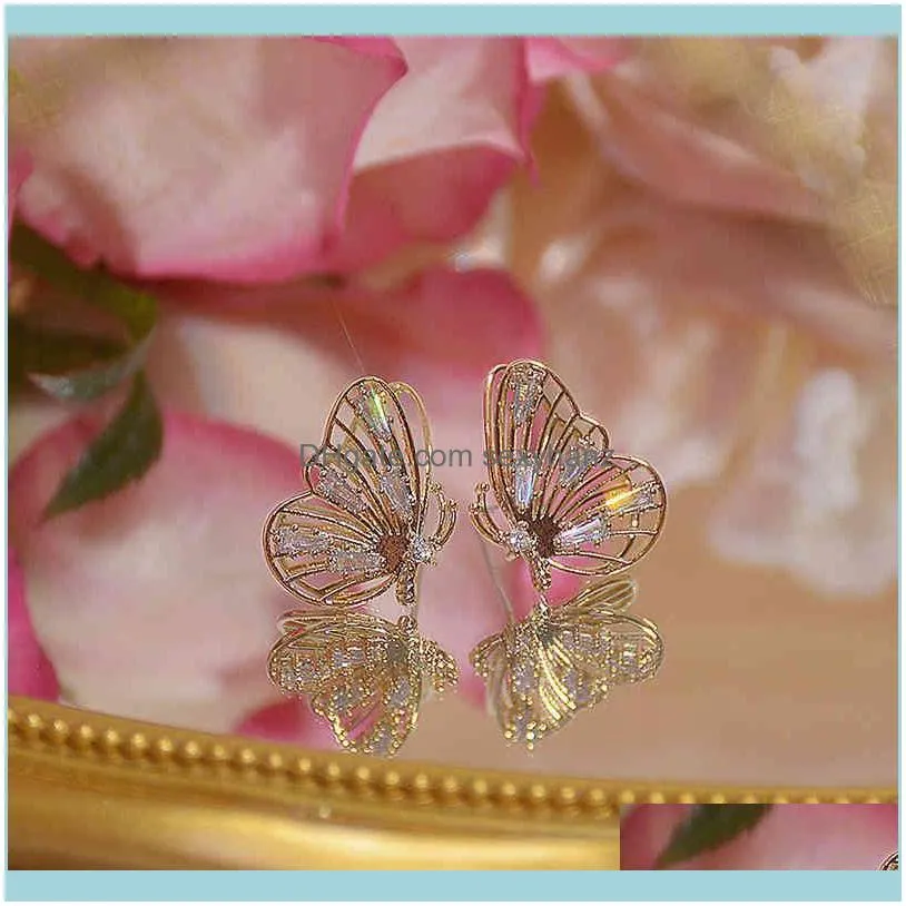 14k Real Gold Luxury Hollow Butterfly Women Earring Bling Crystal Zircon Dazzling Stud Wedding Engagement Jewelry