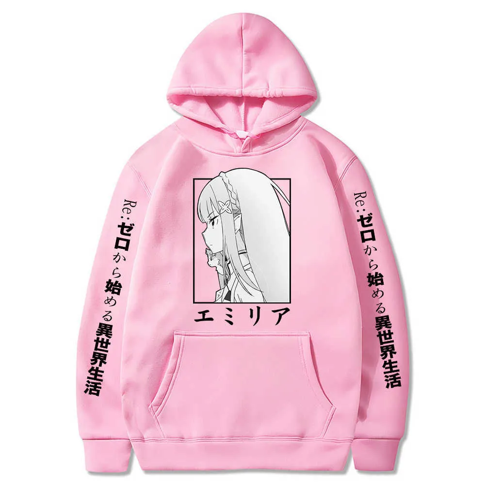 Re: zero -starting vida em outro mundo harajuku streetwear casual emilia hoodie tops anime camisolas roupas unisex y0803