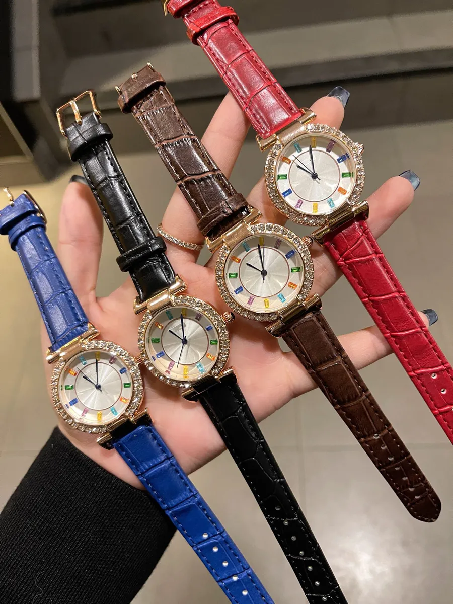 Orologi da polso da donna da donna, ragazza, cinturino in pelle, cinturino in pelle, stile cristallo colorato, orologio di lusso al quarzo Di30