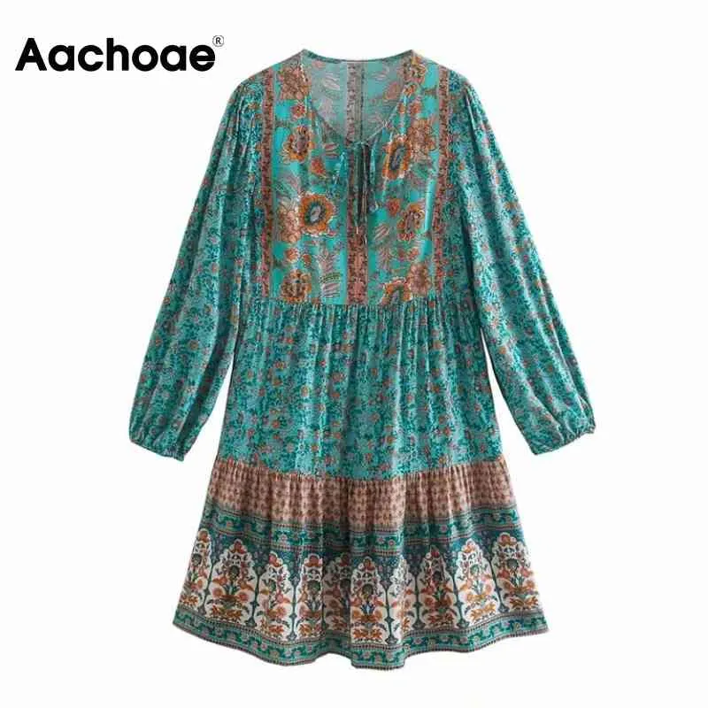 Kobiety Loose O Neck Floral Print Sukienki Wiosna Lato Boho Mini Dress Kobieta Z Długim Rękawem Casual Sundress Vestidos 210413