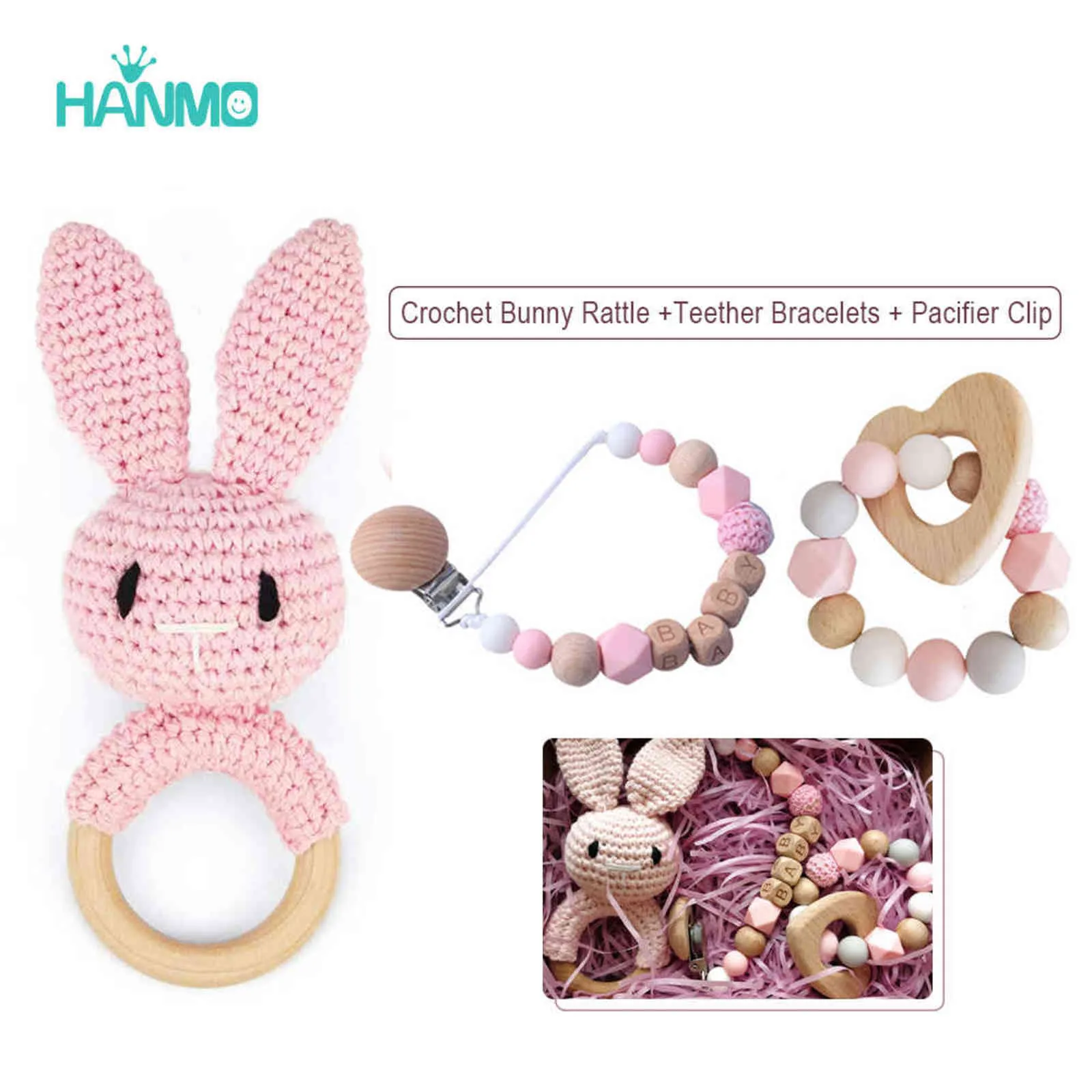 1Set Crochet Bunny Baby Teether Rattle Safe Beech Wooden Teether Ring Pacifier Clip Chain Set born Mobile Gym Educational Toy 211102